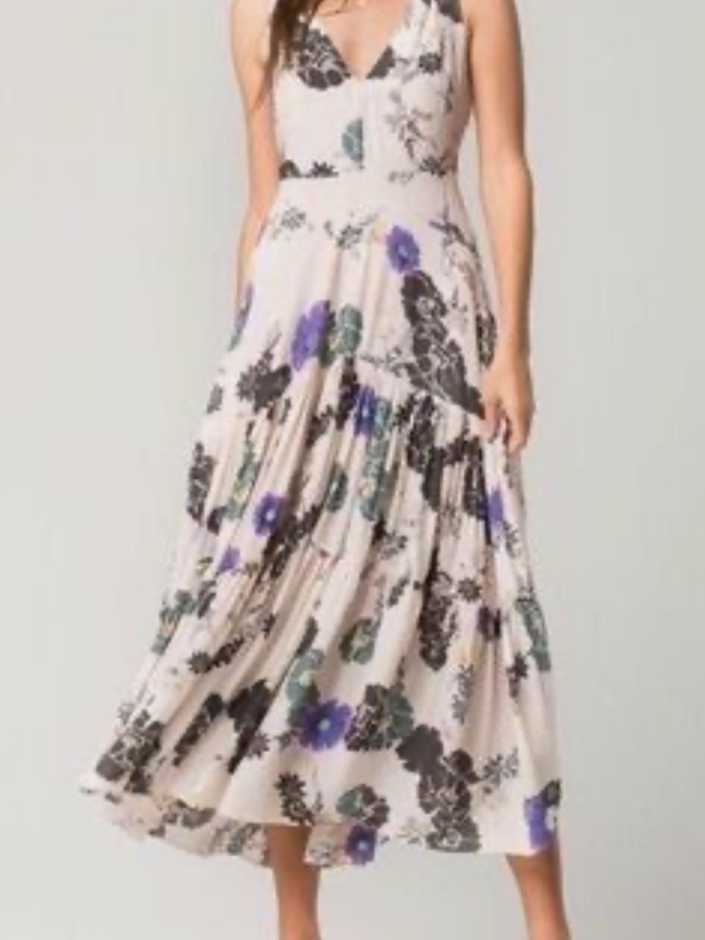 Free People Floral Midi Dress in Cream with Black and Purple Print